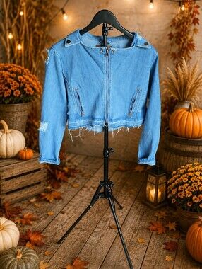 BBJ Los Angeles Light Wash Raw Hem Cropped Denim Jean Moto Jacket L